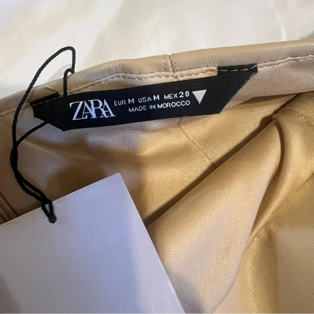 ZARA Faux Leather Strapless Midi Dress Tan Cream Size Med. NWT - Picture 5 of 13